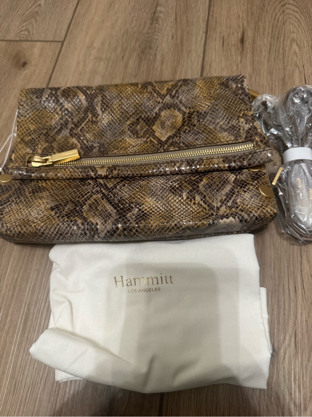 Hammitt Snake-Print Foldover Crossbody in Brown and Tan